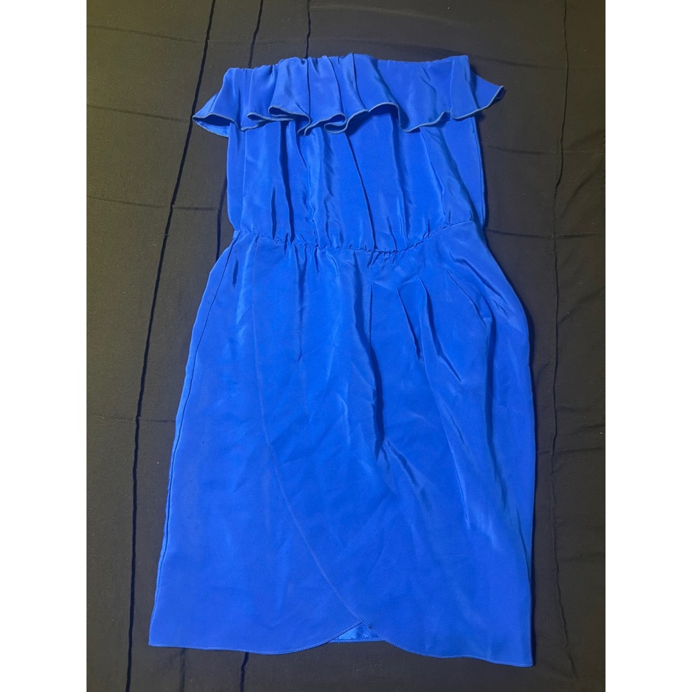 Royal Blue Strapless Ruffle Mini Dress Tulip Wrap Skirt Pockets Cocktail Party